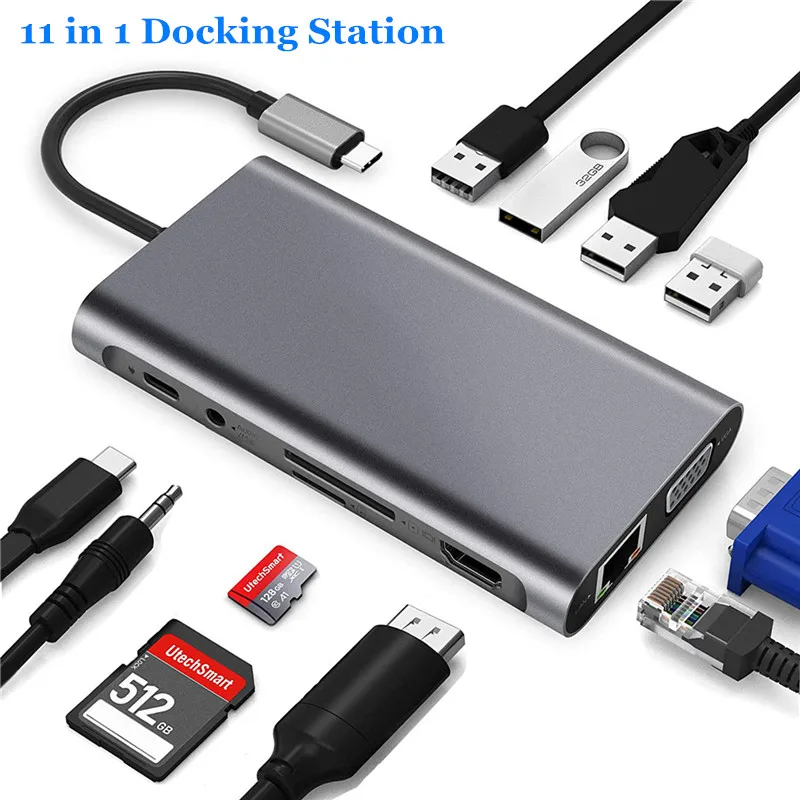 Multifunktions-11 I 1-Dockingstation 4K-Type-C-HUB-Adapteren Oplade Station PD USB Til HDMI Bærbar Docking 3.0 RJ45 Hurtigt VGA