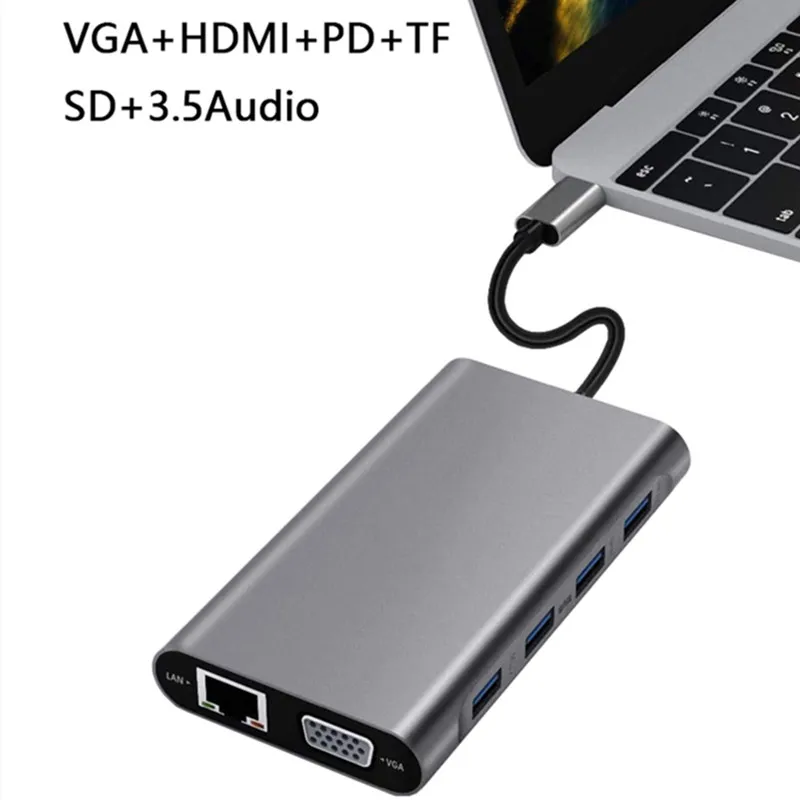 Multifunktions-11 I 1-Dockingstation 4K-Type-C-HUB-Adapteren Oplade Station PD USB Til HDMI Bærbar Docking 3.0 RJ45 Hurtigt VGA
