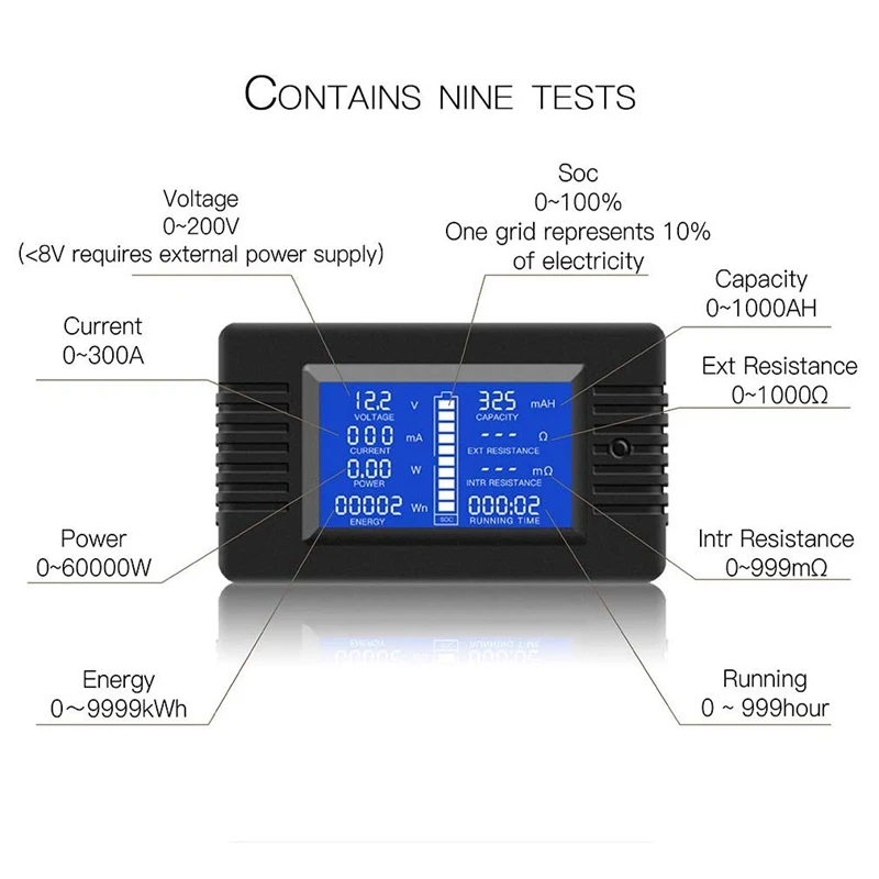 Multifunktions-Batteri Monitor Meter,0-200V,0-300A (Almindeligt Anvendt Til 12V/24V/48V RV/Bilens Batteri) LCD-Skærm til Digitale Nuværende Vol.