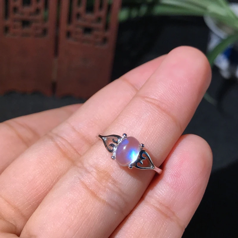 Månesten Ring 925 sølv krystal ren blå lys intens enkel dame ring