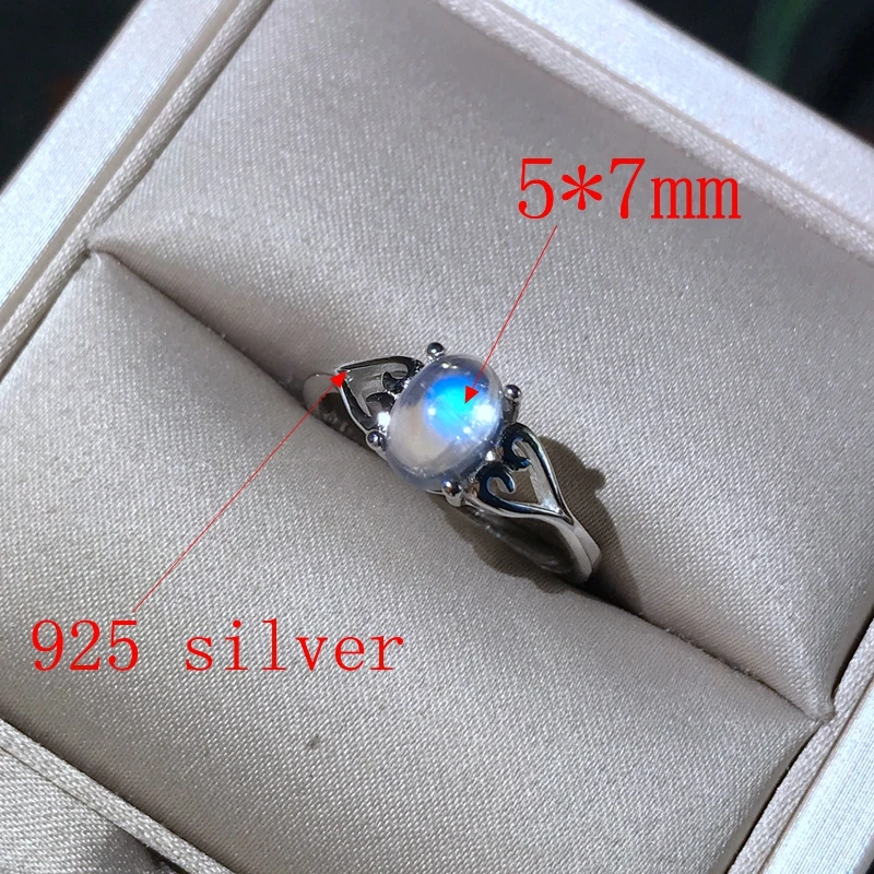 Månesten Ring 925 sølv krystal ren blå lys intens enkel dame ring