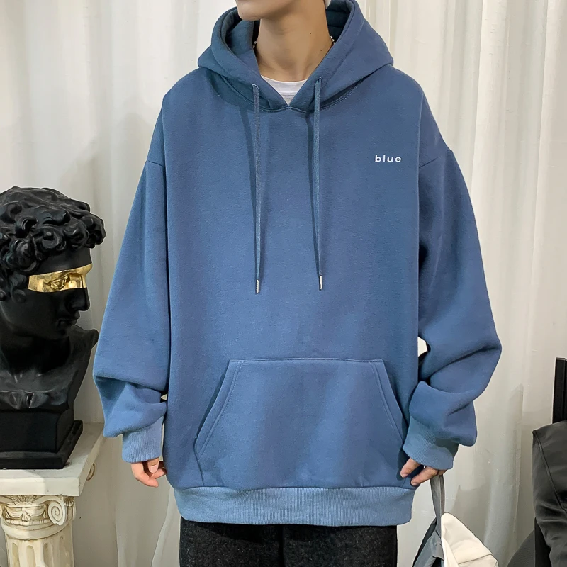 Mænd Broderi Fleece Hætte Trøjer 2021 Foråret Herre Overdimensionerede Koreanske Harajuku Sweatshirts 7 Farver Sort Oversize Hoodie For Mænd