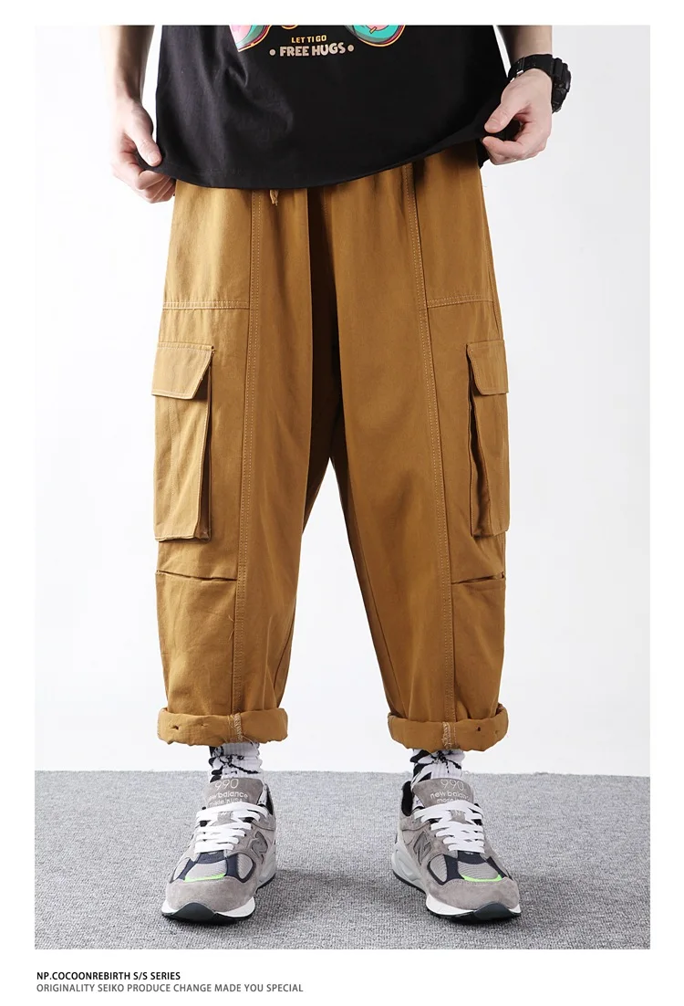 Mænd Japan Style Afslappet Cargo Bukser Mandlige Streetwear Hiphop Vintage Mode Løs Bred Ben Ankel Længde Bukser Med Bomuld Midweight Hjemme