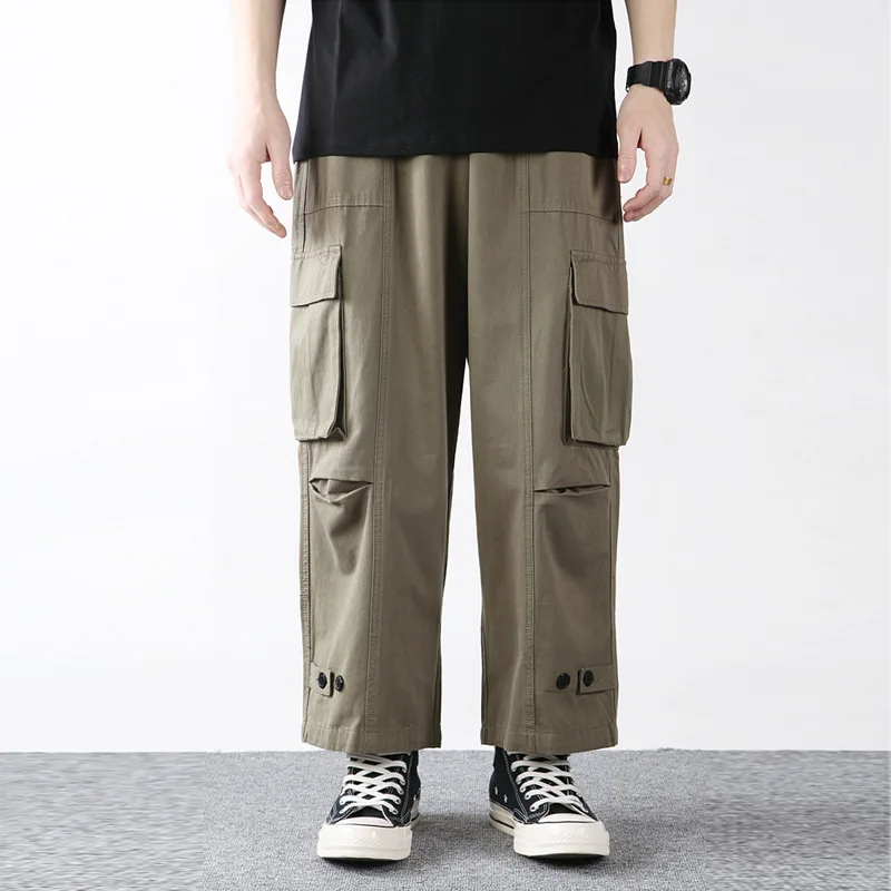 Mænd Japan Style Afslappet Cargo Bukser Mandlige Streetwear Hiphop Vintage Mode Løs Bred Ben Ankel Længde Bukser Med Bomuld Midweight Hjemme