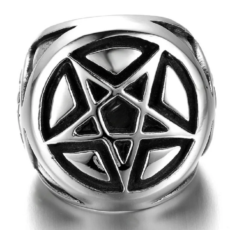 Mænds Sølv farve Pentacle Pentagram Stjernede Rustfrit Stål Biker Ring