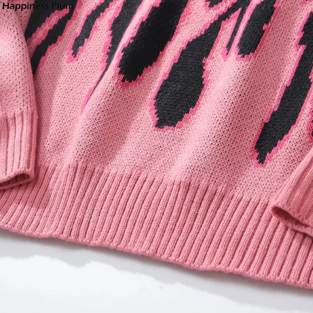 Mænds Trøjer Streetwear Retro Kvinder Pink Flamme Strikket Pullover Sweater Toppe Hip Hop Nye Trække Over Afslappede Sweatshirts Harajuku
