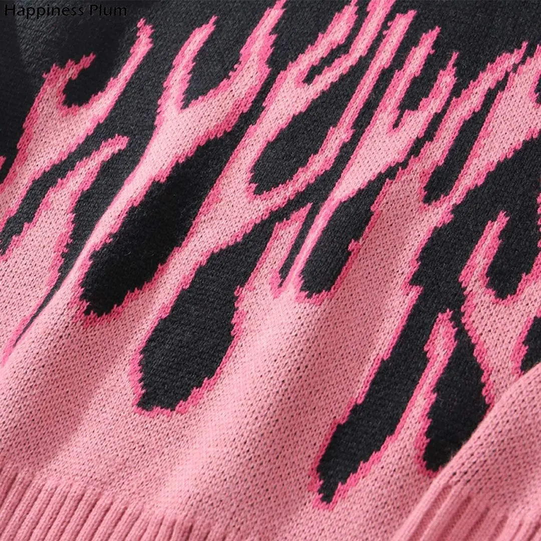 Mænds Trøjer Streetwear Retro Kvinder Pink Flamme Strikket Pullover Sweater Toppe Hip Hop Nye Trække Over Afslappede Sweatshirts Harajuku
