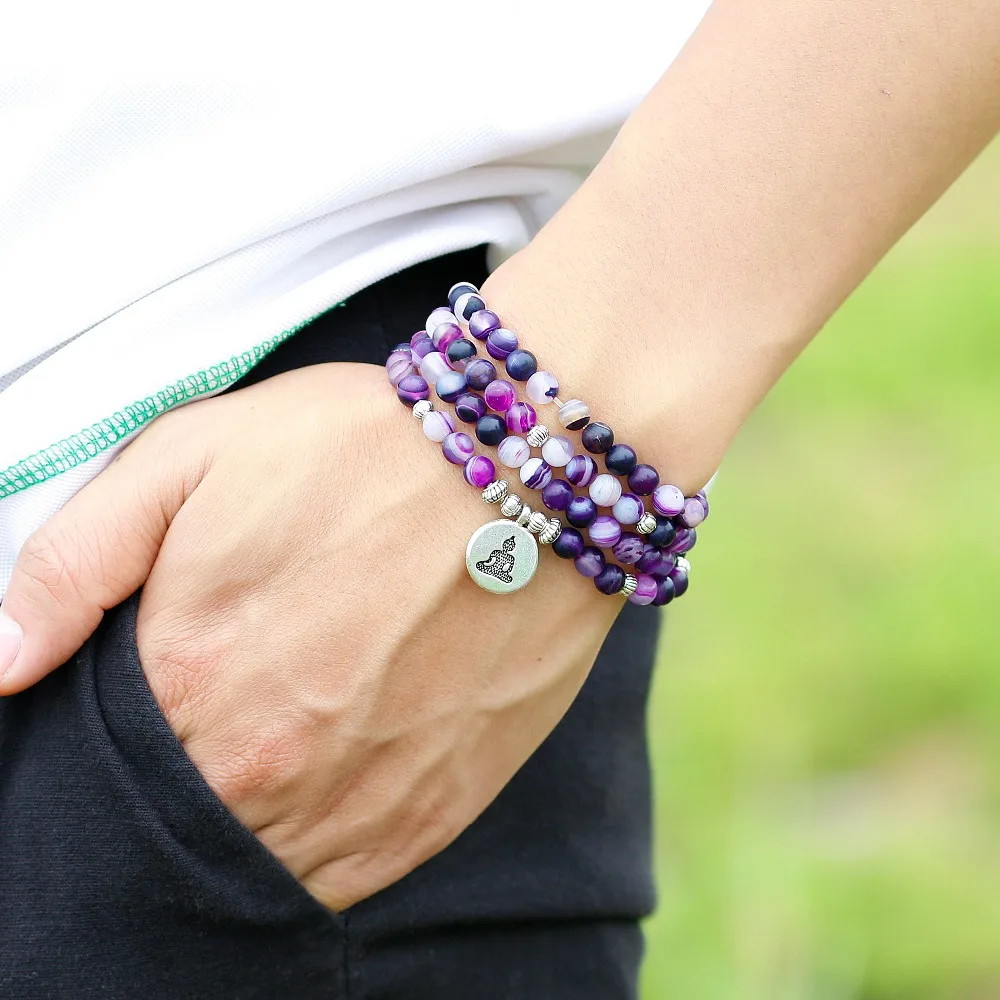 Naturlig Mat Lilla Stribe 108 Perler Armbånd eller Halskæde Til Buddhistisk Bøn Yoga Mægling Armbånd Kvinder Mænd Drop shipping