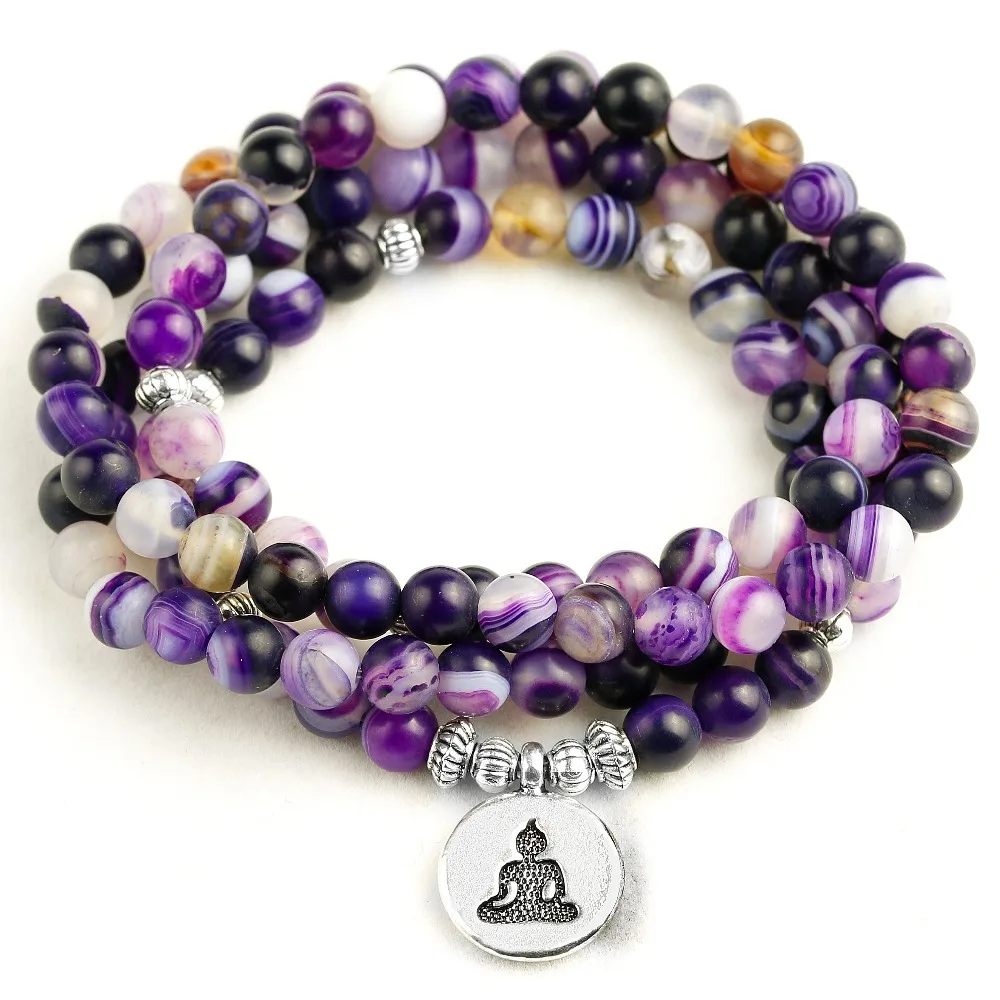 Naturlig Mat Lilla Stribe 108 Perler Armbånd eller Halskæde Til Buddhistisk Bøn Yoga Mægling Armbånd Kvinder Mænd Drop shipping