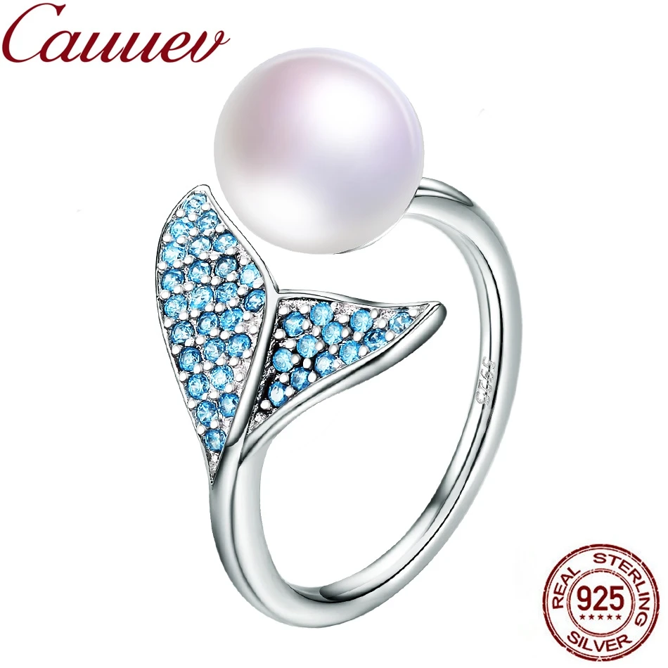 Naturlige Ferskvands Perle ring i 925 Sterling Sølv Kvindelige Havfrue Hale Justerbar Finger Ringe til Kvinder Bryllup Smykker S925