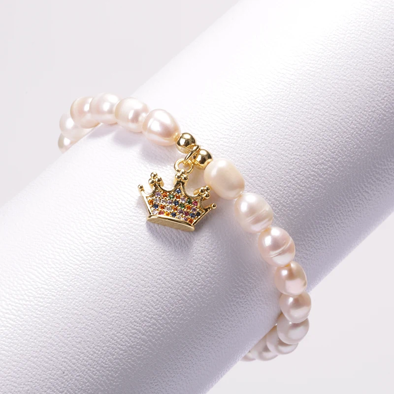 Naturlige ferskvandsperle perle bane cubic zircon gold crown star lille vedhæng til kvinde, pige armbånd charme smykker 2021