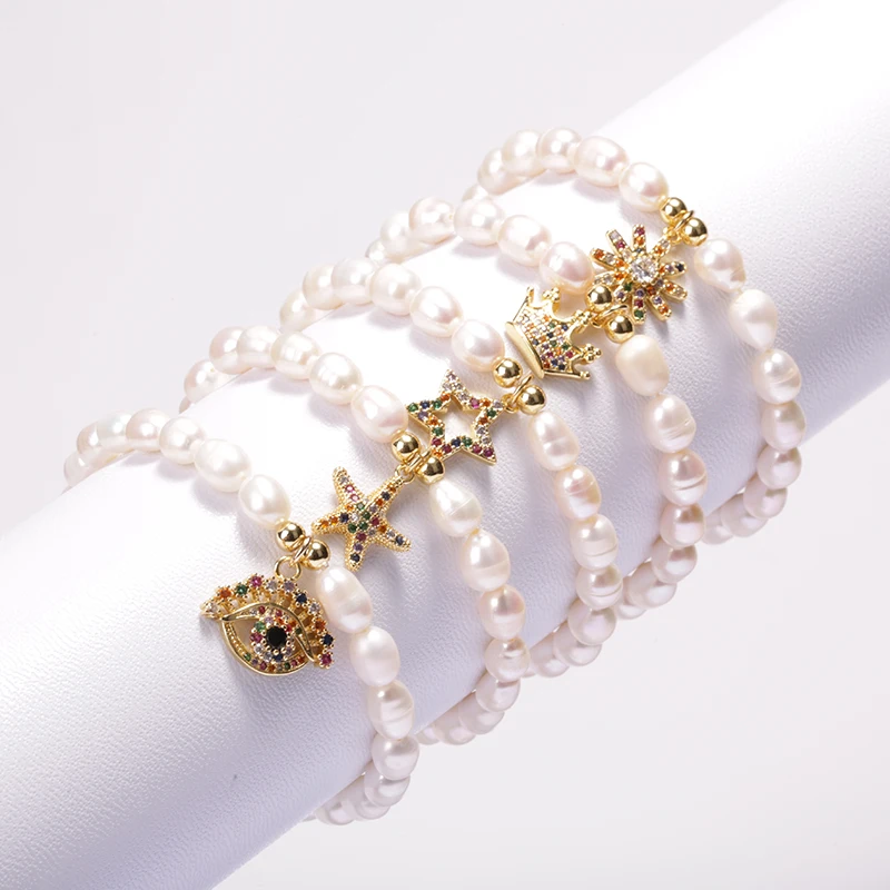 Naturlige ferskvandsperle perle bane cubic zircon gold crown star lille vedhæng til kvinde, pige armbånd charme smykker 2021