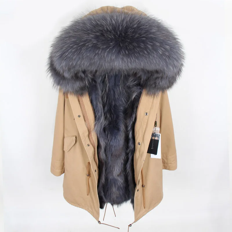 Naturlige vaskebjørn pels foret jakke frakke stor vaskebjørn pels krave sort grå park tyk varm frakke