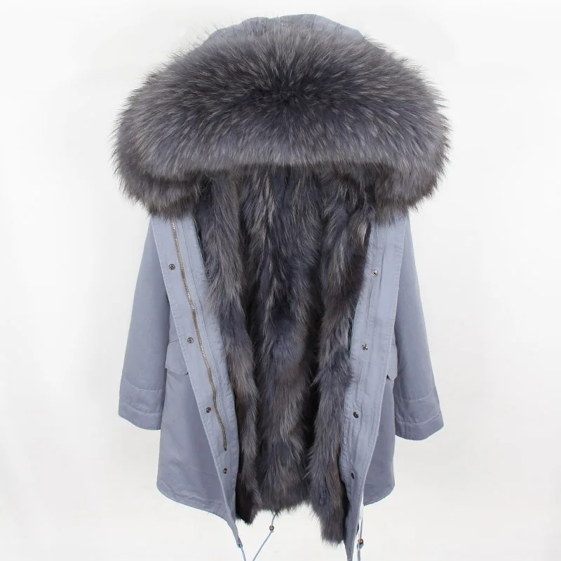Naturlige vaskebjørn pels foret jakke frakke stor vaskebjørn pels krave sort grå park tyk varm frakke