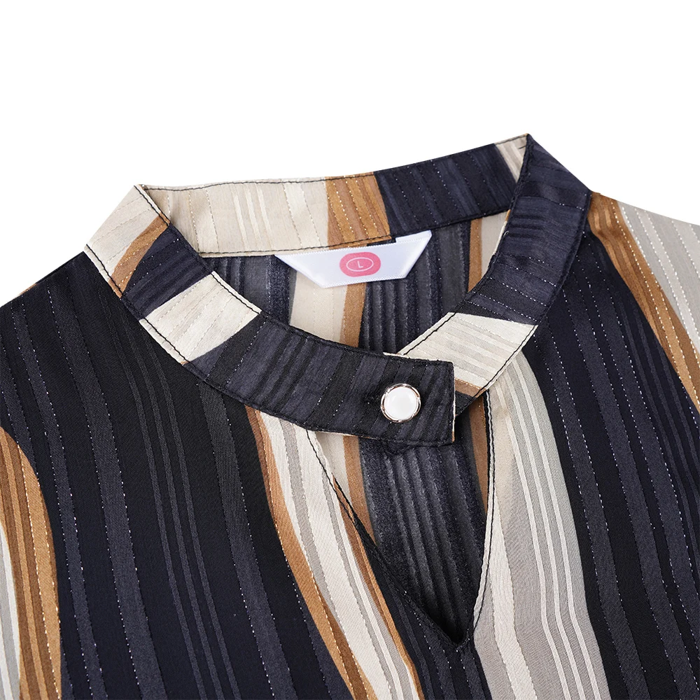 Neatie barnligt Sommer Mode Kontor Dame Chiffon Bluse Shirt Elegante Løs Half Sleeve Stribe Print Sexet Hule Ud Toppe Shirt