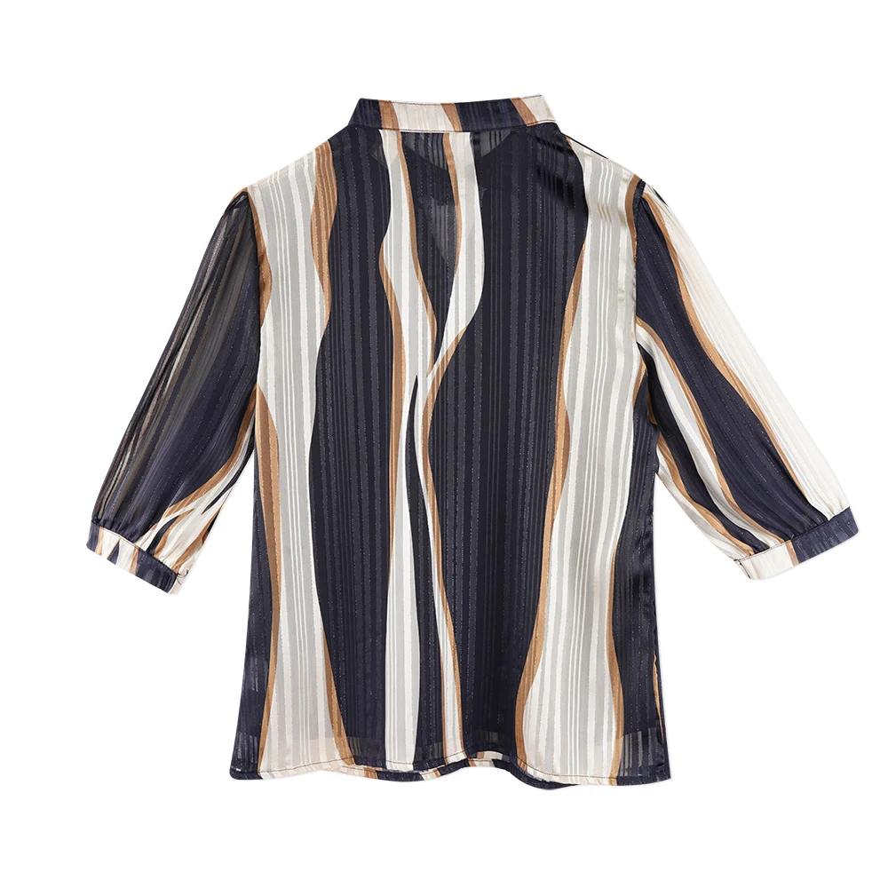 Neatie barnligt Sommer Mode Kontor Dame Chiffon Bluse Shirt Elegante Løs Half Sleeve Stribe Print Sexet Hule Ud Toppe Shirt