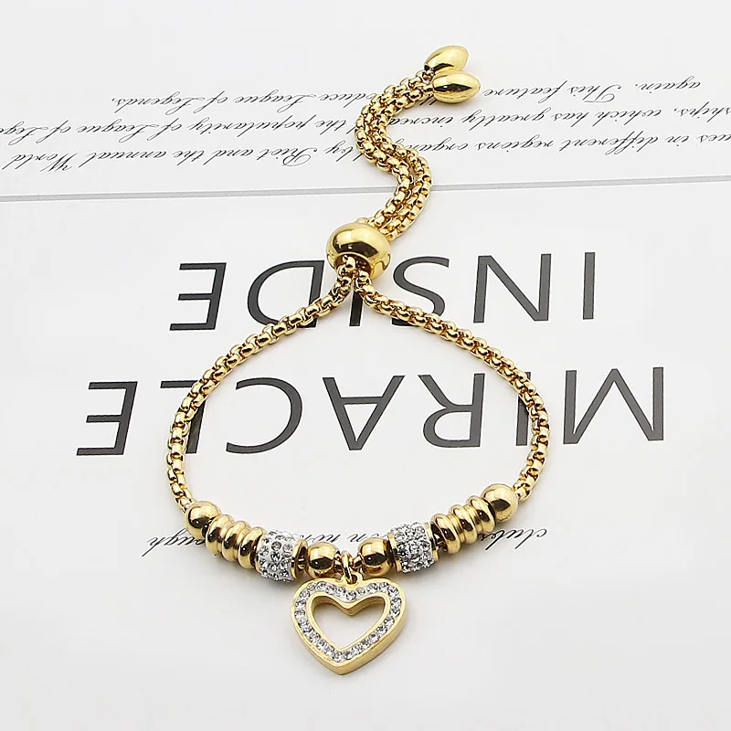 New Style Justerbar Størrelse Hjertet Zircon guld Armbånd Slange Kæde i Rustfrit Stål Kvinder Armbånd Bryllup smykker Memorial Gave