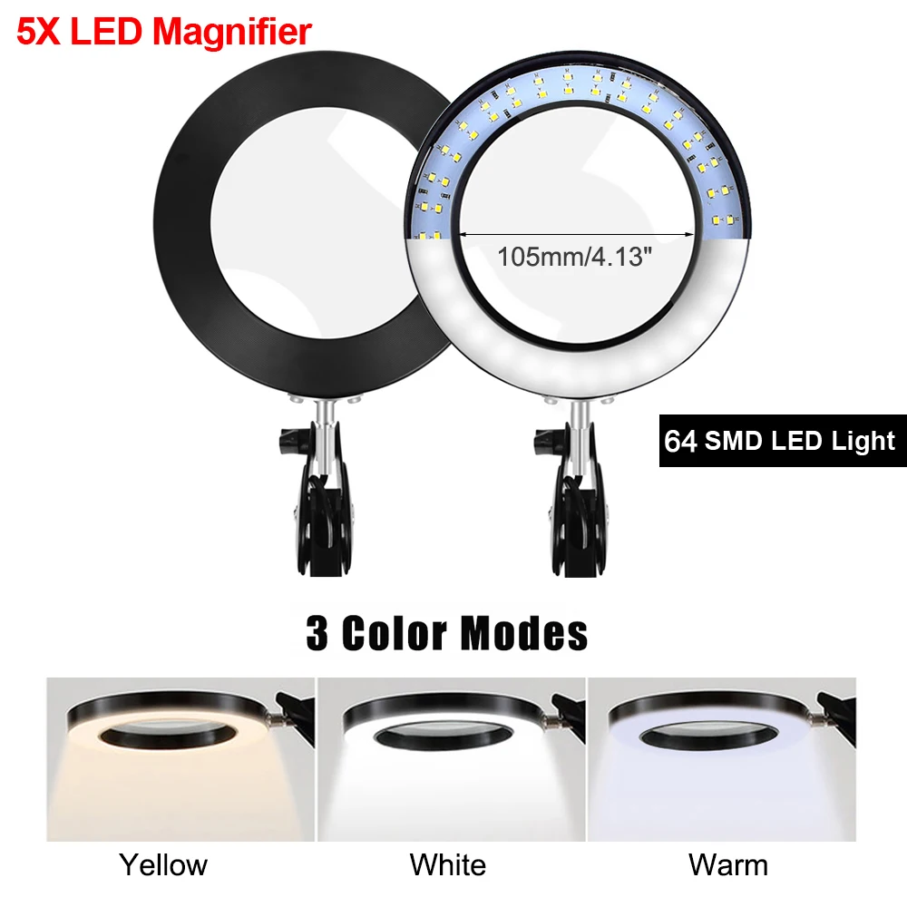 NEWACALOX USB LED lup klapbord Lampe 5X Forstørrelse for Skønhed/Lodning/Læsning Belyst Lup Tredje Hånd