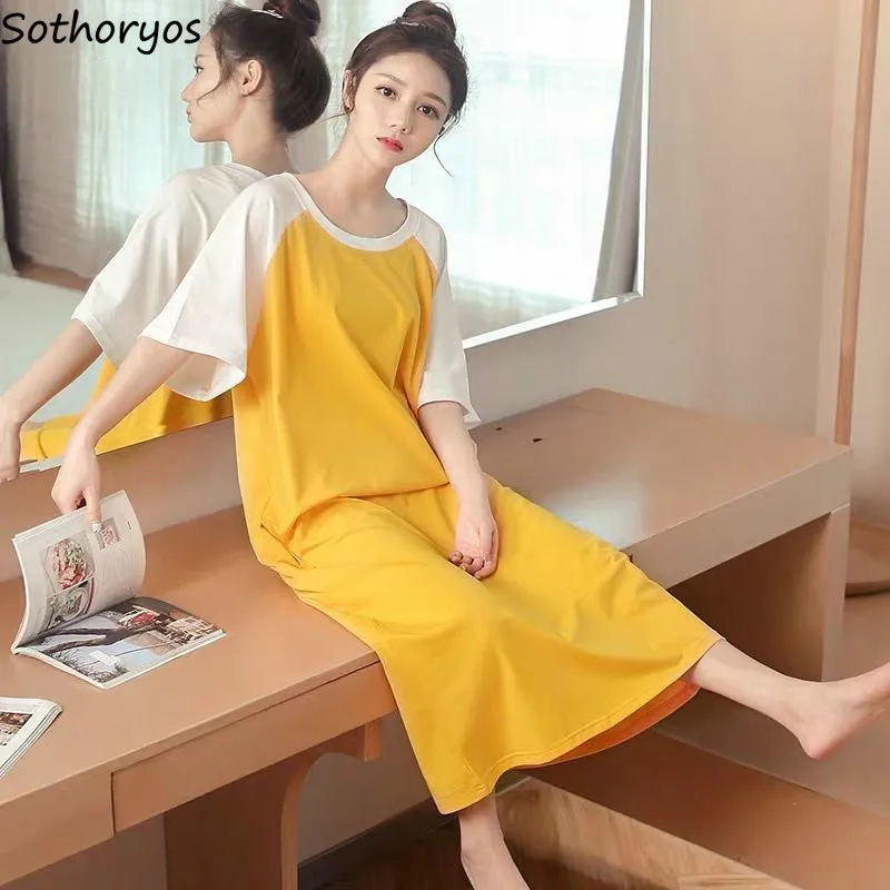 Nightgowns Kvinder Patchwork Farve Korte Ærmer Dejlig Stor Størrelse 2XL Søde Nattøj Løs Nattøj Bløde Korean Style Lounge Ny
