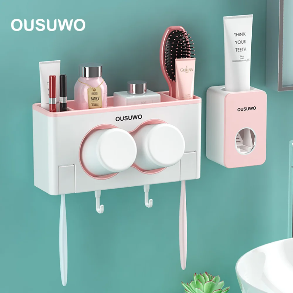 Ny 2 kop tandbørsteholder automatisk tandpasta dispenseren vendes to cup opbevaringsboks badeværelse hylde badeværelse kit