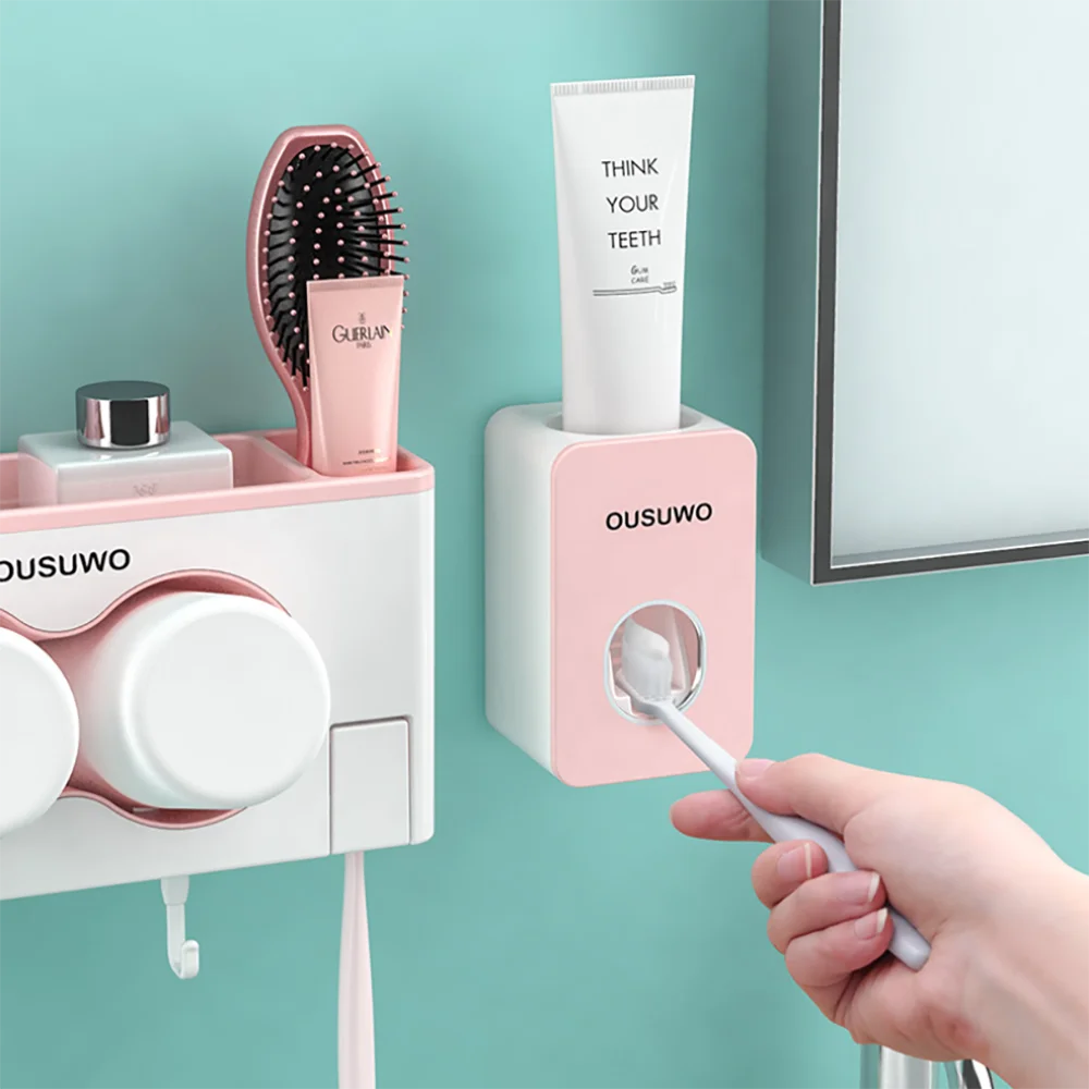 Ny 2 kop tandbørsteholder automatisk tandpasta dispenseren vendes to cup opbevaringsboks badeværelse hylde badeværelse kit