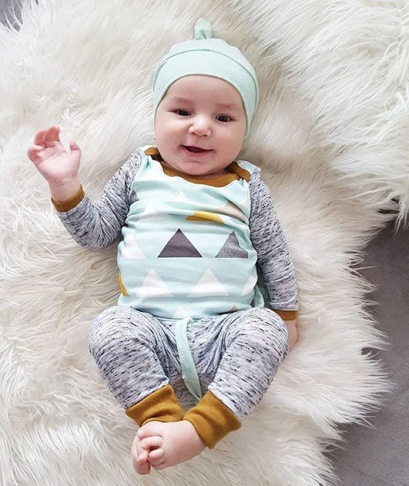Ny 2020-Efterår Baby Tøj Indstille Mode Trekant Mønster Patchwork Top+Bukser+Hat Nyfødt Baby, Dreng, Pige Tøj Barn Udstyr