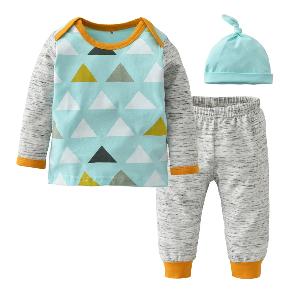 Ny 2020-Efterår Baby Tøj Indstille Mode Trekant Mønster Patchwork Top+Bukser+Hat Nyfødt Baby, Dreng, Pige Tøj Barn Udstyr