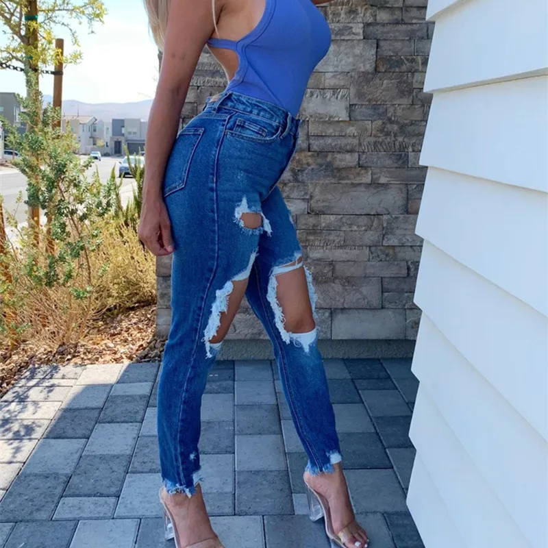 Ny 2020-Jeans Kvinder Mode Sexet Højtaljede Tynde Hul Stretch Denim Jeans Slim Bukser Casual Kvinde Pocket Denim Blyant Bukser