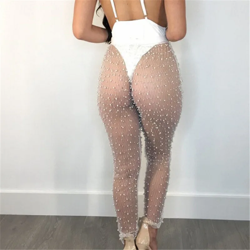 Ny 2020-Sexet Dame Blyant Bukser Mode Lady Se Gennem Bukserne Sexet Mesh Høj Talje Perler Patchwork Gennemsigtige Bukser