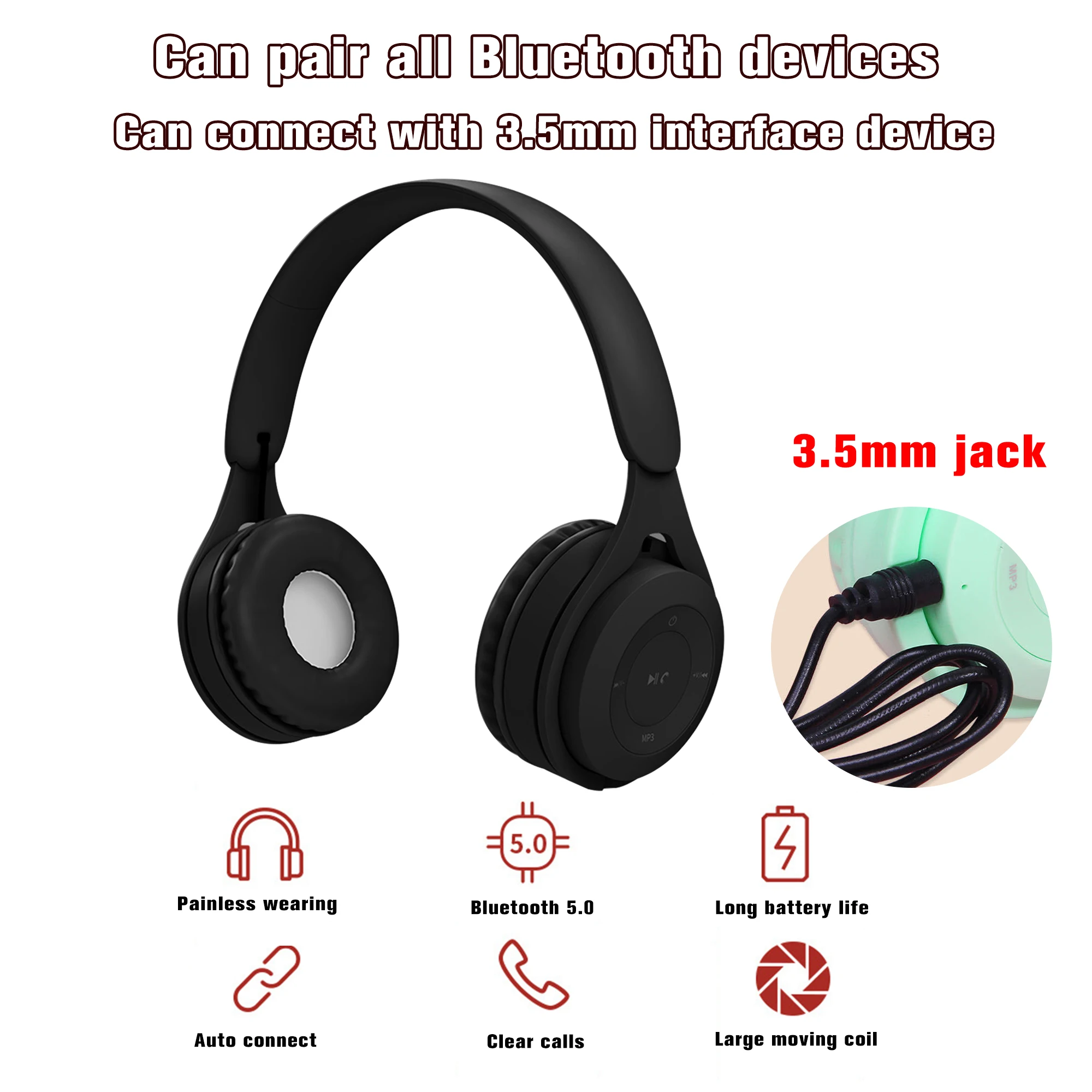 Ny hovedtelefon kabel bluetooth gaming headset stereo støjreduktion smart hovedtelefon med mikrofon, der understøtter TF kort MP3-PC phone