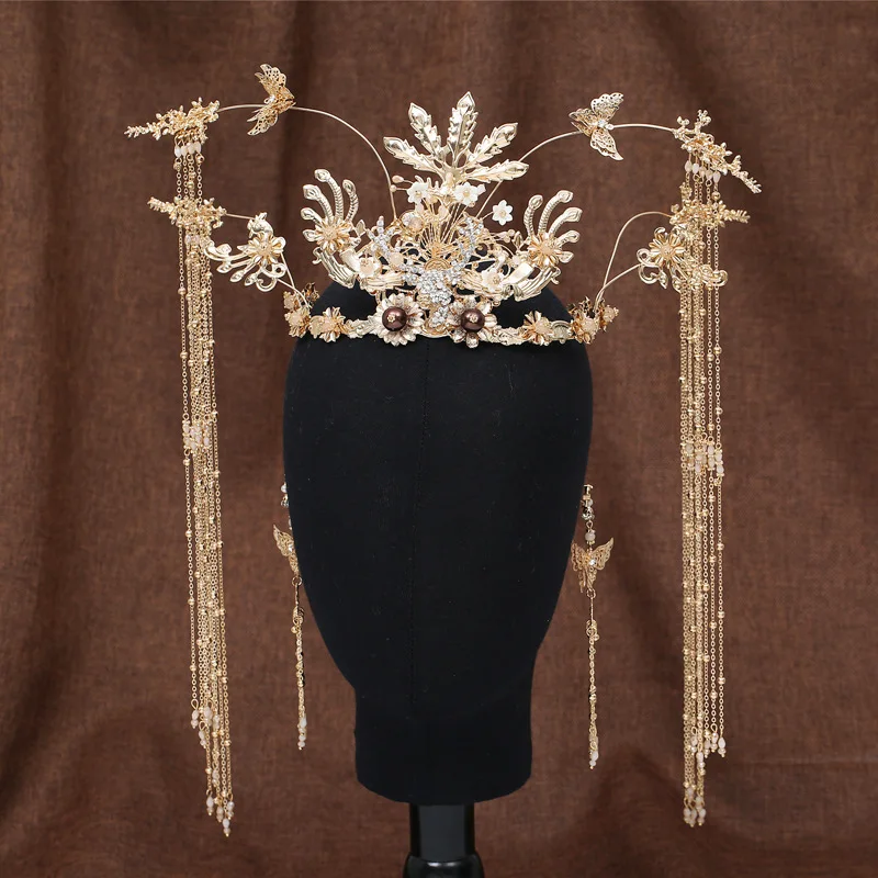 Ny Kinesisk stil lang kvast butterfly Brud Tiara ceremoni Vintage Phoenix Coronet hår Smykker til kvinder