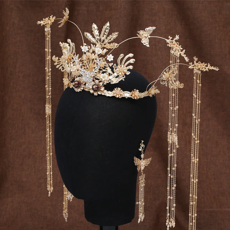 Ny Kinesisk stil lang kvast butterfly Brud Tiara ceremoni Vintage Phoenix Coronet hår Smykker til kvinder