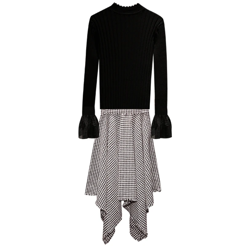 Ny Kvinde Vinter Sweater Nederdel, der Passer Solid Sort Slim Sewater + Uregelmæssige Houndstooth Nederdel Sæt til Kvinde Efteråret Mode Sæt Kulør