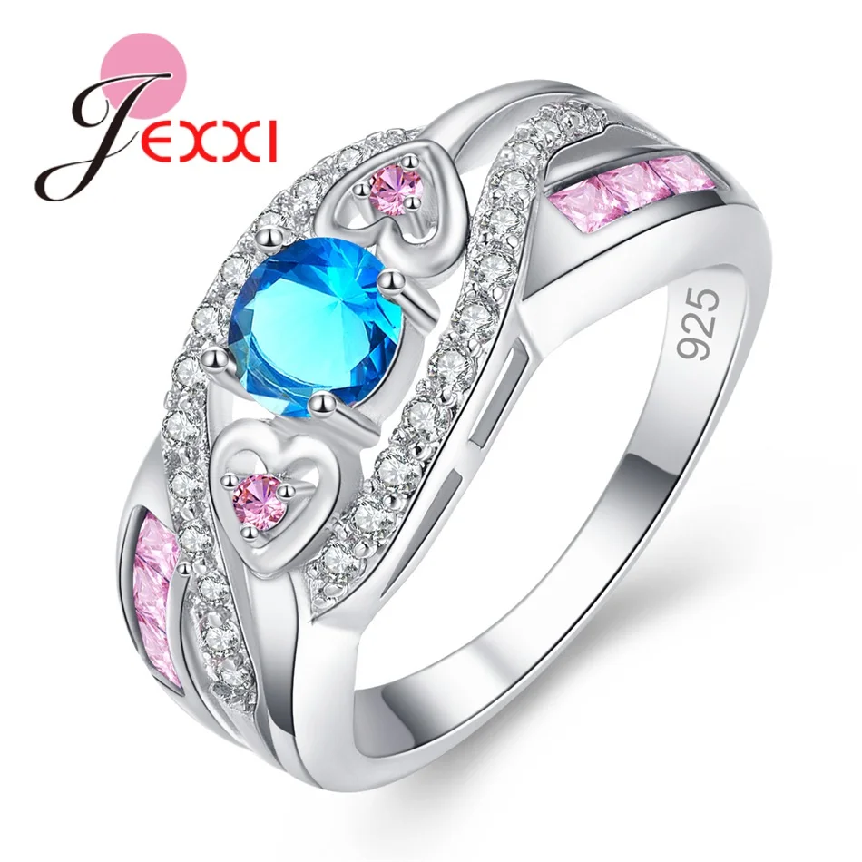 Ny Mode Billige Pris, Kvinderne bryllupsfest 925 Sterling Sølv Smykker Runde Hjertet Krystaller Multi farve CZ Ringe Til Salg