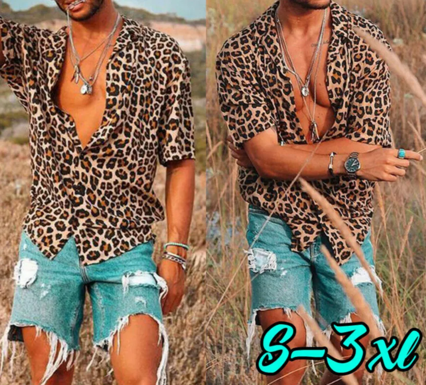 Ny Mode Mænds kortærmet Leopard Print Shirts Mandlige Løs Sexet Sommer Afslappet Tur Ned Hals Bluse Toppe Plus Størrelse S-3XL