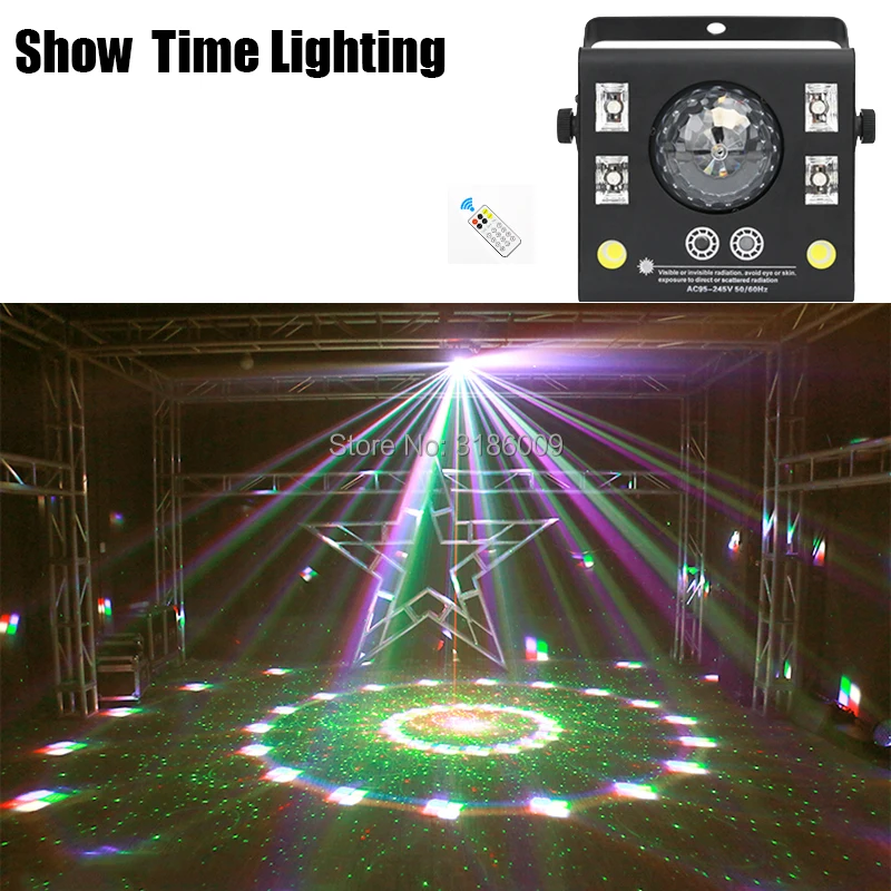 Nye Ankomst Dj LED Krystal Kugle Laser Strobe Lilla Belysning 4-I-1 Effekt Lys Fjernbetjening du kan Bruge til Disco Club Party KTV
