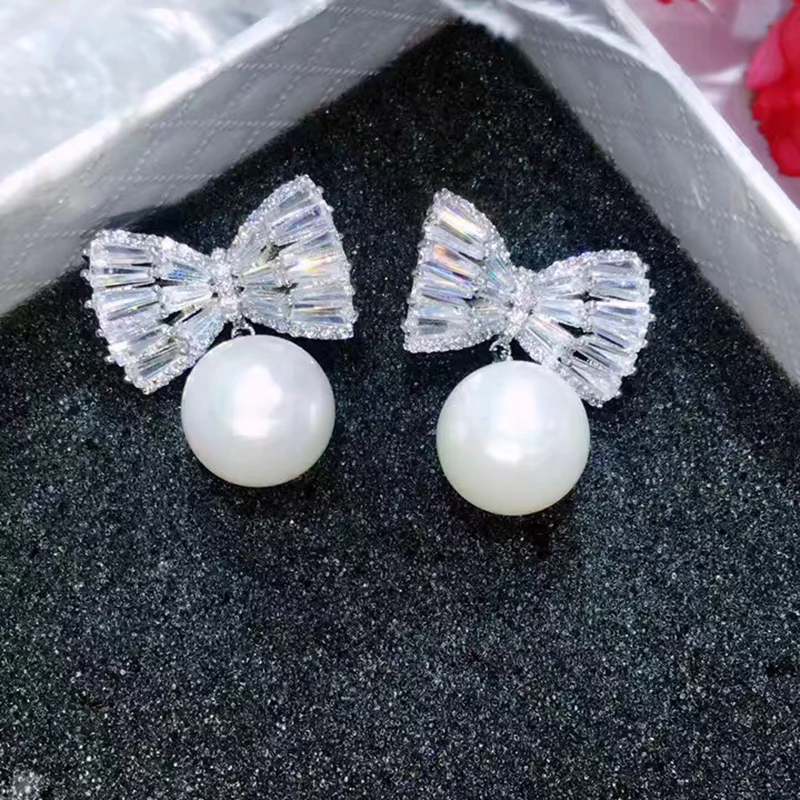 Nye Ankomst Hvid Shell Pearl, Bold Bownot Stud Øreringe Sølv Farve Micro Indlæg Cubic Zirconia Øreringe Til Kvinder