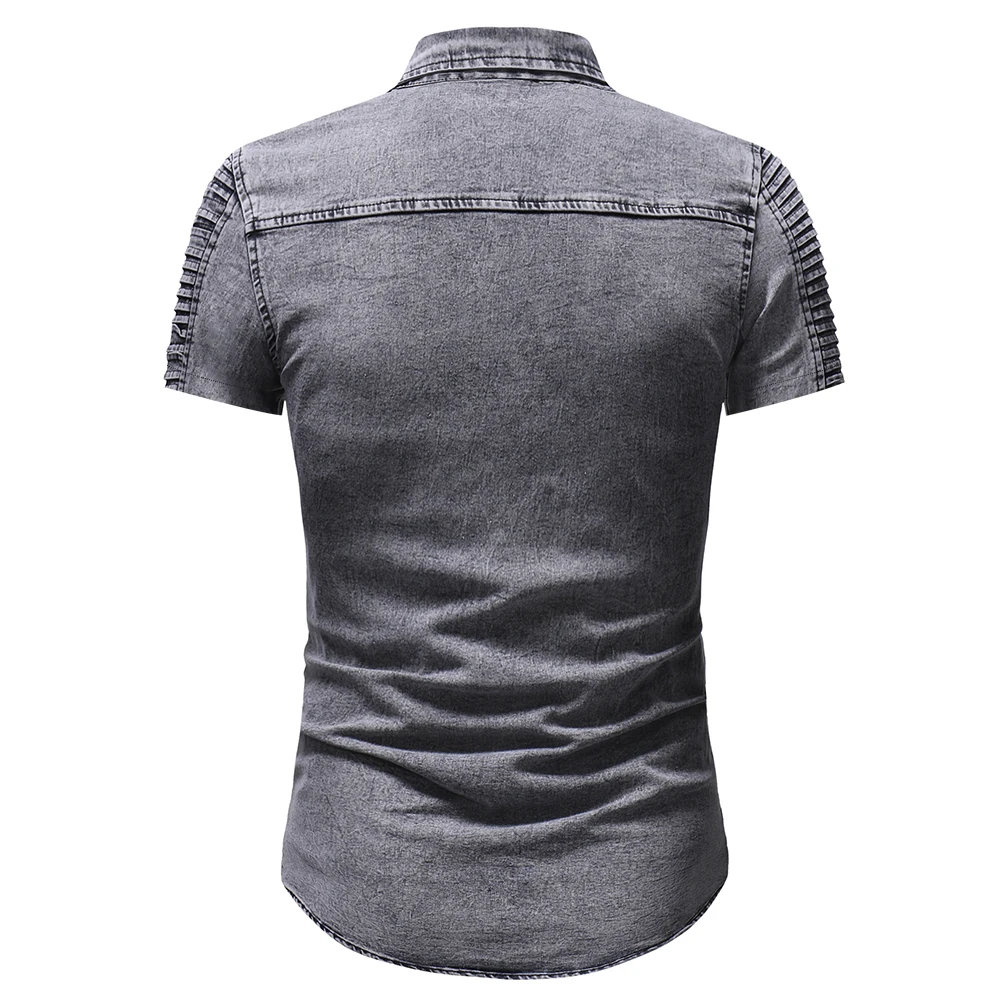 Nye denim tøj udenrigshandel kort-langærmet shirt personlighed syning plisserede ærme denim skjorte mænd tøj 2018 M-XXXL