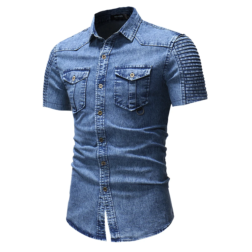 Nye denim tøj udenrigshandel kort-langærmet shirt personlighed syning plisserede ærme denim skjorte mænd tøj 2018 M-XXXL