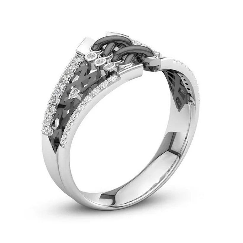 Nye Kreative Sølv Sort Pistol Dobbelt Color Line Vævning Hvid Zirkonia Ring Til Piger, Kvinder Engagement Ring Smykker R486