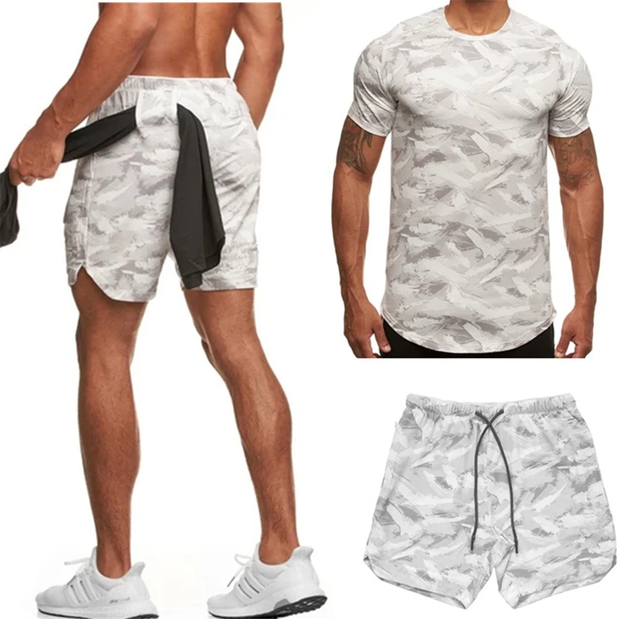 Nye mandlige Træningsdragt mænd Mode Sportslige Suit T-shirt + shorts Sæt Camouflage Sweatshirt Sweatpants Herre mærke fitness Tøj