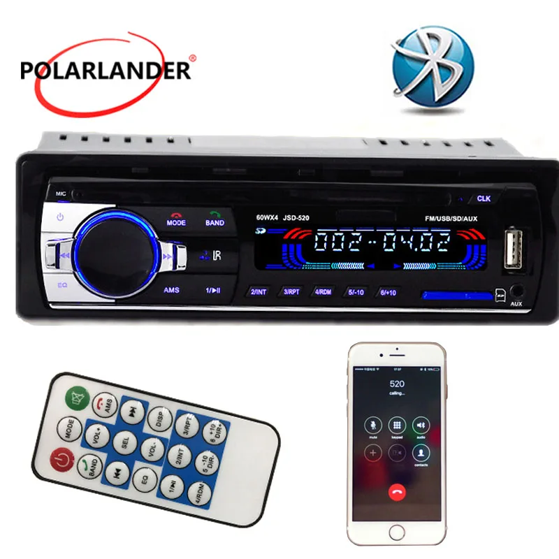 NYE Polarlander 12V 1 din bil radio FM-USB SD-AUX IN-car lyd i stereo mp3-afspiller, bluetooth håndfri i streg fjernbetjening
