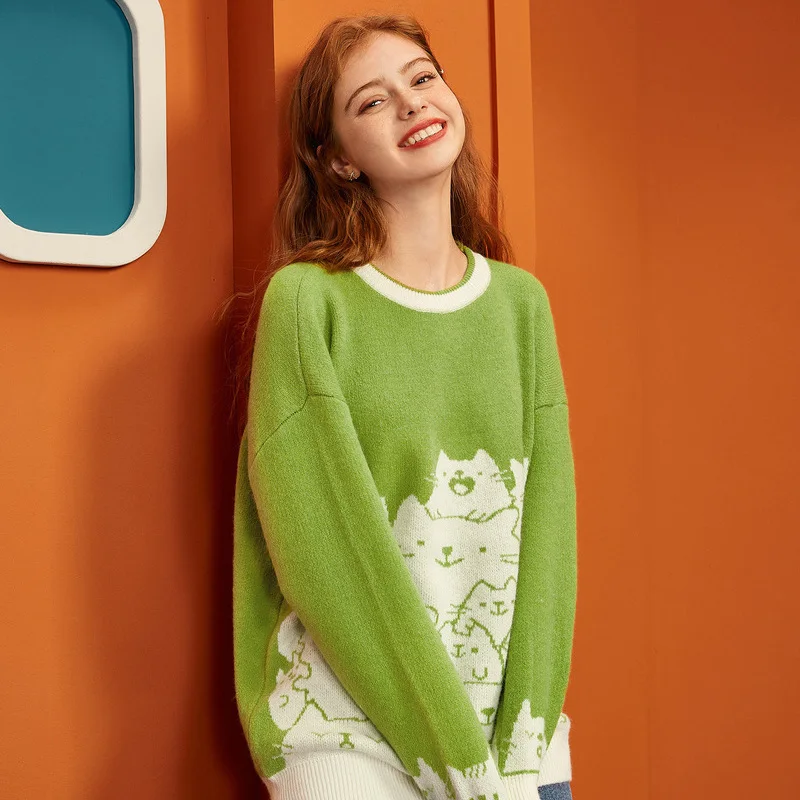 Nye Sweater Kvinder Cartoon Cat Broderi Strikkede Trøjer 2020 Efteråret Harajuku Jacquard Sweater Løs Strik Pullover