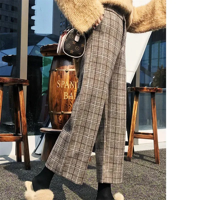 Nye wide-ben plaid uldne lange bukser til kvinder efteråret Korean style Straight-ben retro løs høj talje casual joggere kvinder bukser