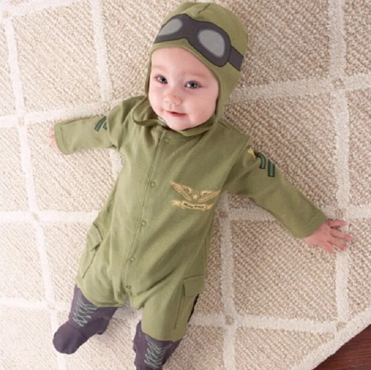 Nyfødte Baby Tøj Rompers Aviator Lange Ærmer Buksedragt Hætteklædte Armygrøn Buksedragt Til Baby, Børn Piger Drenge