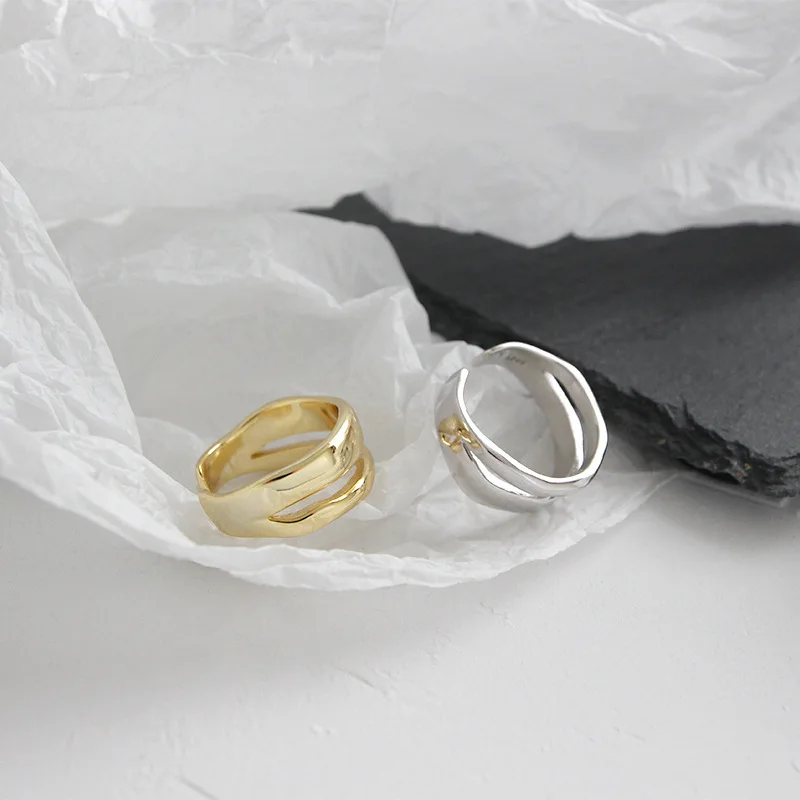 OBEAR Nye 925 Sterling Sølv Åben Ring INS Uregelmæssig Linje Dobbelt Lag Ring For Kvinder mode Sølv Smykker Gave