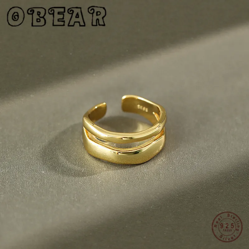 OBEAR Nye 925 Sterling Sølv Åben Ring INS Uregelmæssig Linje Dobbelt Lag Ring For Kvinder mode Sølv Smykker Gave