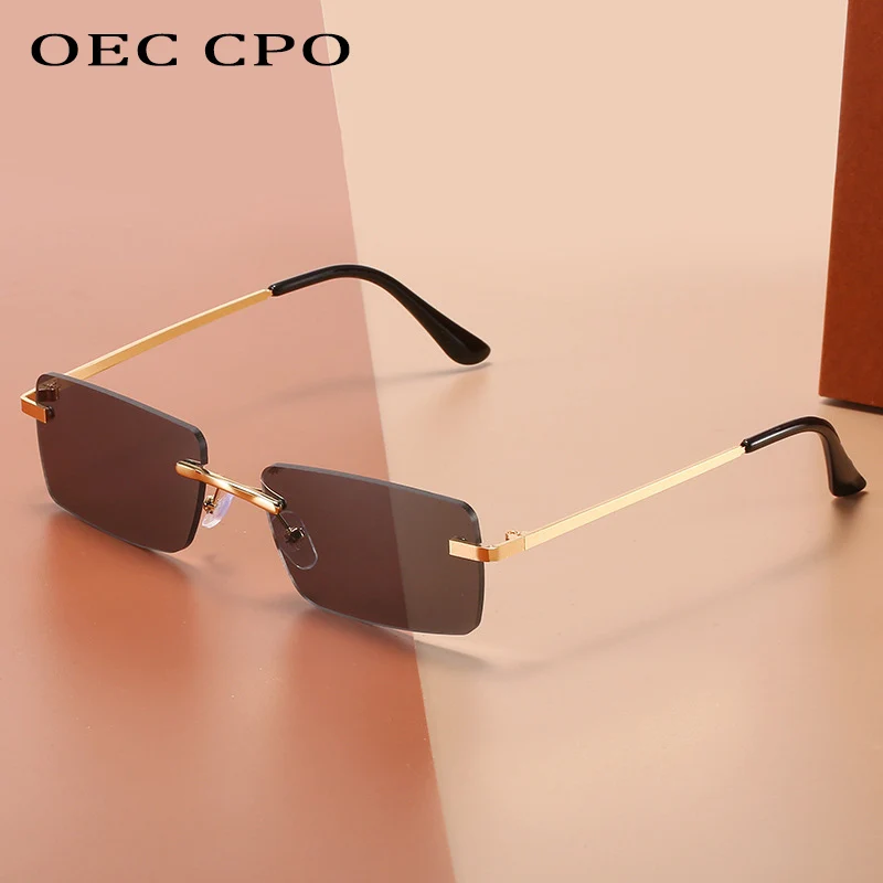 OEC CPO Uindfattede Rektangel Solbriller Kvinder Mode Rammeløse Kvadrat Sol Briller Kvindelige Tendens Mænd Metal Briller Udendørs oculos
