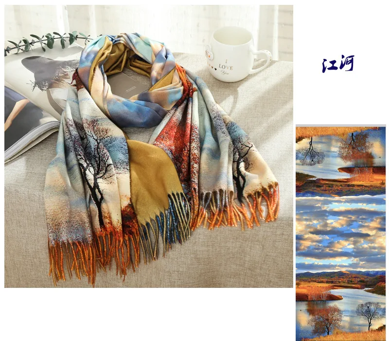 Olie Maleri Mønstret Tørklæde Kvinder Vinteren Varm Van Gogh-Maleri Silke Tørklæder Designer Luksus Lang Print Wraps Sjal