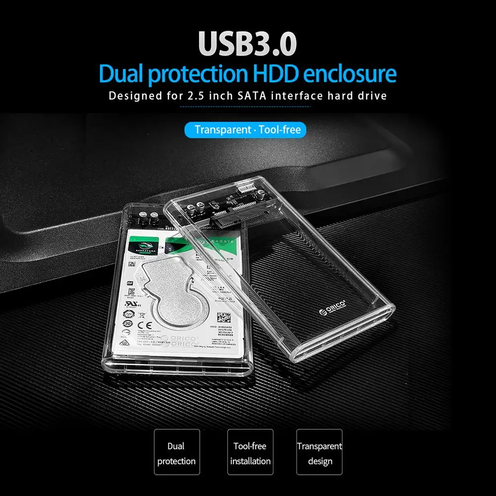 ORICO 2139U3-CR Gennemsigtig 2.5 i SATA-USB3.0 5 gbps HDD Ekstern Harddisk Kabinet Af Fri Sag
